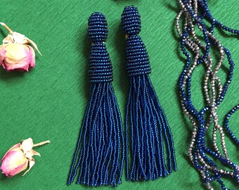 Navy blue tassel earrings Beaded tassel earrings Boho earrings Bohemian earrings Fringe earrings Statement earrings Long tassel earrings