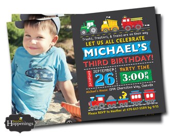 Truck Birthday Invitation Train and Tractor Invite Transportation Birthday Invitation Automobile Invite Digital File Busy bee's Happenings