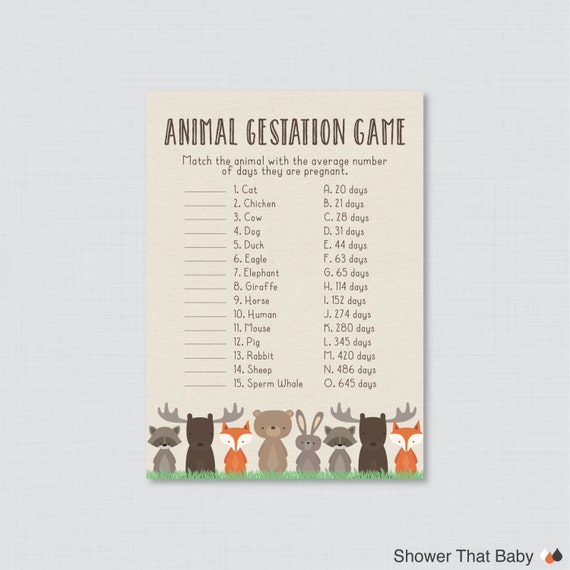 animal gestation worksheet Baby Woodland Animal Gestation Animal Game Printable Shower