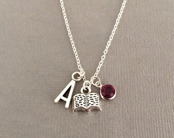 Book necklace, gift for librarian, author gift, book jewelry, writer jewellery, book lover, personalised birthstone