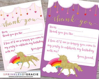 Unicorn Fill in the Blank Thank You Card DIY Printable - Magical Glitter Unicorn Birthday Party