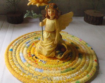 Coiled Fabric Hot Pad, Trivet, Candle Mat - Yellow Bohemian - Handmade by Me