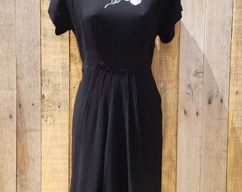 Late 1930s, early 1940s Black Crepe Wiggle Dress with Handpainted Flowers, WWII Tailored Black Dress, Floral Dress, Handpainted Detail