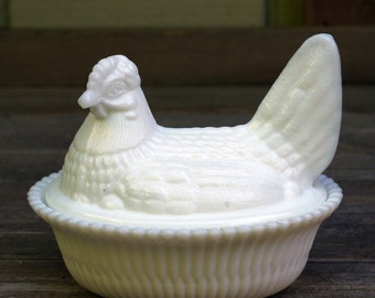 Vintage Milk Glass Hen on Nest, Hen on a Basket