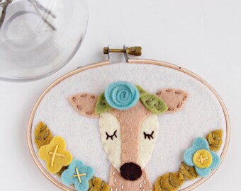Kids Deer Art, Boho Nursery, Kids Wall Art, Woodland Animal, Meditating Doe, Gift for Baby, Embroidery Hoop Art, Felt Flowers