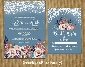 Elegant Romantic Summer Wedding Invitation,Dusty Blue,Smokey Blue,Blush,Navy,Ivory,Roses,Fairy Lights,Rustic,Printed Invitation,Wedding Set