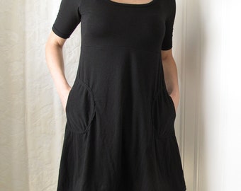 Freya Dress. Scoop Neck. Empire waist. Aline Skirt. Elbow Length Sleeves. Pockets. Bamboo. Cotton. Spandex.
