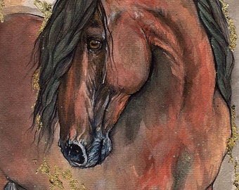original gilded pen and watercolour painting of andalusian horse