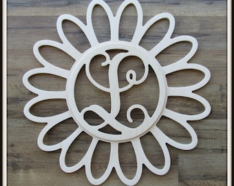 Daisy Door Hanger with Monogram Letter - Unpainted Wood - 22" size - Kitchen - Bedroom - Family - Wooden Letter - Wall Hanging - Flower