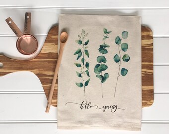 Tea Towel - Eucalyptus Tea Towel Hello Spring Tea Towel Farmhouse Decor Kitchen Decor Kitchen Towel Spring Decor Eucalyptus Branch