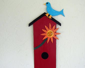 Recycled Metal Wall Art Bird House Garden Stake Sculpture Bluebird Orange Flower Folk Art Rustic Wall Decor Yard Art Bird house