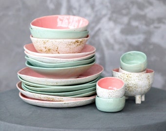 Pink mint mix and match ceramic tableware set consists of dinner plate mini bowl, salad bowl and soup bowl. Kitchen dishes are new home gift
