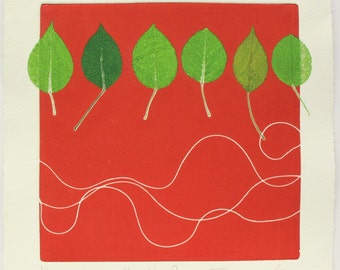 Red and green leaf mono print. Plymouth Pear. By Lynn Bailey