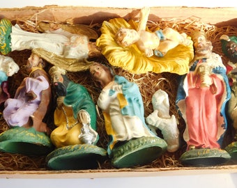 Antique Vintage Italy Composite Nativity Set 11 PC Set Hand Painted Crafted 3 1/2" - 4"