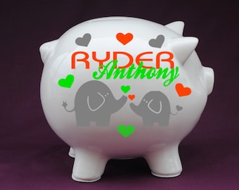 Elephant Love Personalized Piggy Bank with Vinyl - Great Custom Piggy Bank gift for baby showers,new baby gifts,baby baptisms.