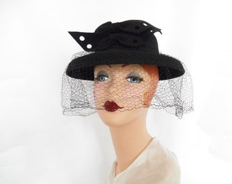 Vintage black hat, 1930s 1940s woman's tilt, veil
