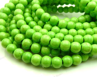 6mm Lime Green Magnesite Gemstone Beads - 15.5 Inch Strand - RoundOpaqueBrown Veining - BE30