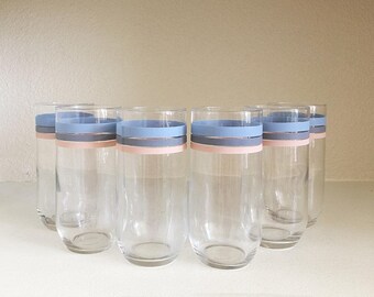 Set of 6 Vintage Pastel Striped Tumblers - Vintage Tumblers Pastel Glass Cups Coastal Home Cups - Minimal Cups - Retro Tumblers Retro Cups