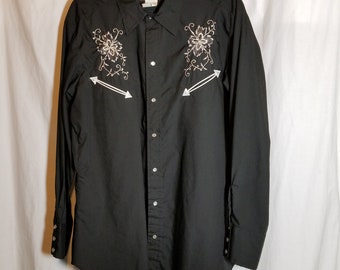 Vtg H Bar C California Ranchwear Western Shirt 17 35 Rosebud Black White Snap Cowboy
