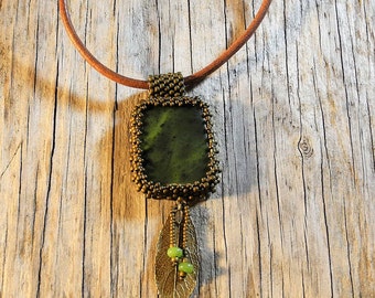 Beaded Cabochon Beaded Bale Necklace - Bead Weaving - Statement Necklace - Jade Cabochon Pendant - Leather Cord - BOHO