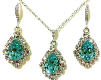 Something Blue Wedding Jewelry, Turquoise Bridal Earrings, Swarovski Crystal Teardrop Wedding Necklace, Bridal Jewelry Gift for Her, BIJOUX