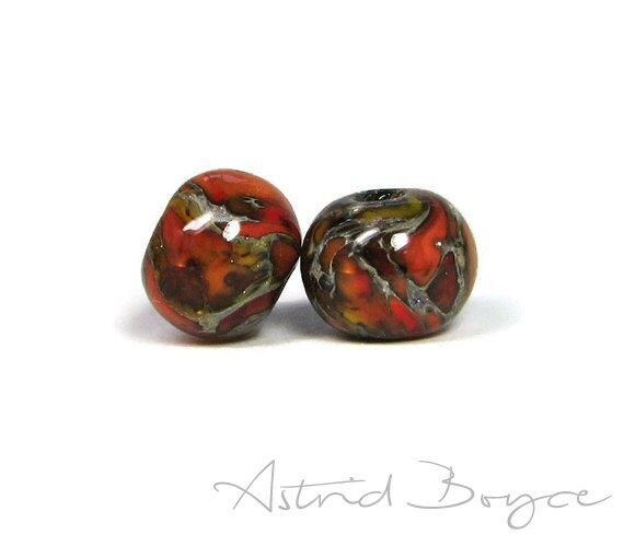 Ignition Round Artisan Lampwork Bead Pair Pantone Color Flame Minimal Design Art Glass for your Jewelry and Craft Creations - Pantone 2017