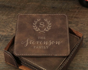 Personalized Coasters, 3rd Anniversary Gift, Leather Coasters, Custom Coasters, Custom Engraved Coasters, Personalized Family Name Gift