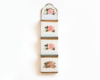 Vintage Tin Mail Holder Organizer, Cottage Pink Rose Print Metal Letters Bills Wall Hanging