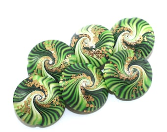 Focal beads for jewelry making with tiny gold dots, swirl beads, polymer clay lentil beads in greens, unique pattern, set of 6 elegant beads