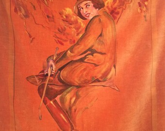 Vintage 1920s Hand-Painted Portrait on Velvet Autumn Equestrienne