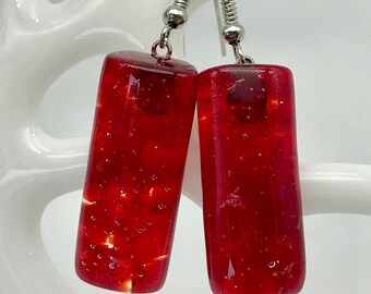 Red Transparent Sparkly Glass Earrings, Fused Glass Earrings, Shimmery Colored Glass, Rectangle Glass Earrings