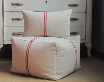 Grain sack pouf cover, 20x20x15, large square pouf, beige pouf, farmhouse floor cushion, cottage chic pouf, bean bag pouf, foot stool