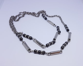 Long Beaded Necklace, Geometric Necklace, Black Silver Bead Necklace, Monochrome Necklace, Minimalist Necklace, Vintage Necklace Jewelry