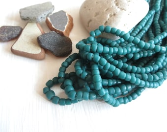 teal seed bead, teal glass bead, opaque green blue beads, small barrel tube spacer, New Indo-pacific 3 to 5mm / 22 inche strand - 5A4-33