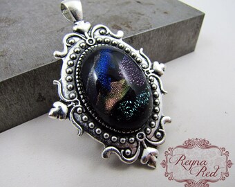 Harlequin Dichroic Glass Pendant in Silvertone Setting, Dichroic glass pendants, statement focals, glass focals, OOAK - reynaredsupplies