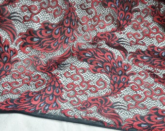 Lace Fabric Stretch Black Tulle Red Phoenix Embroidery Floral Bridal Wedding Headband 59" width 1 yard