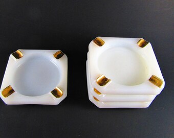 Vintage Milk Glass Square Ashtrays with Gold, Set of 4