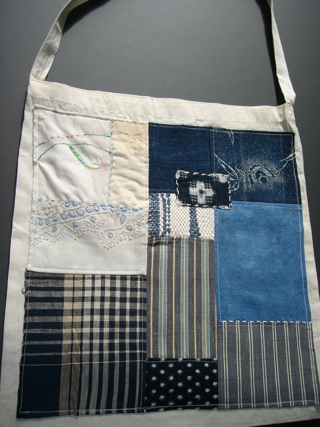 tote bag with patches from vintage fabrics