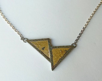 Sterling silver handmade triangle necklace with 24ct gold leaf. Hallmarked in Edinburgh