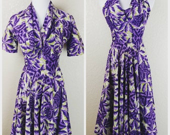 Hello! Incredible Purple and Green Vintage Royal Hawaiian Halter Dress with Bolero
