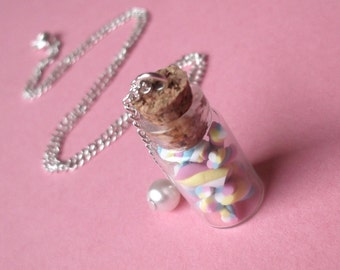 Marshmallow Necklace Bottle Necklace ( food necklace food jewelry polymer clay food marshmallow miniature bottle miniature food )