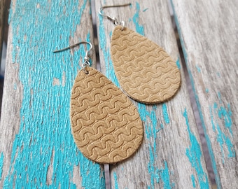 Leather Earrings- Textured Tan Leather Teardrop Earrings