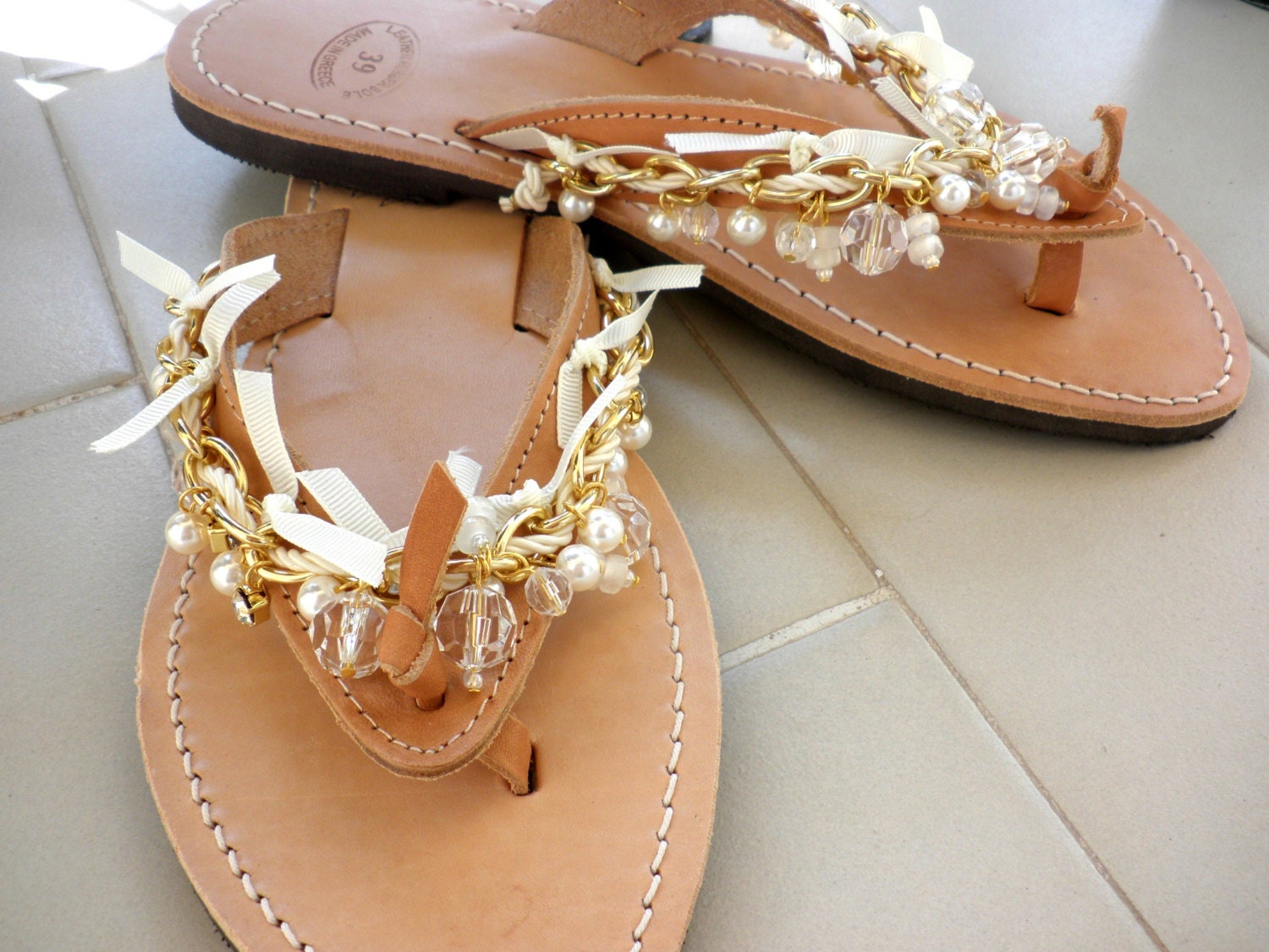 Wedding sandals Boho chic leather flip flops Gold chain