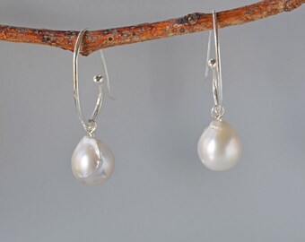 Baroque Pearl Hoop Earrings in Silver, Sterling Hoop Earrings, Large Pearl Hoop Earrings, Statement Hoops, June Birthstone, gift for her