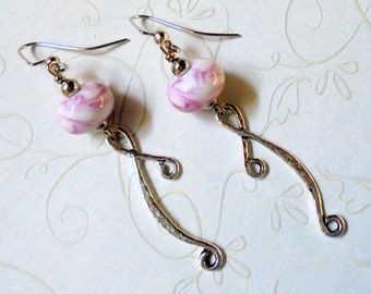 Pink and White Swirl Lampwork Dangle Earrings (3034)