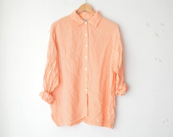 orange and white gingham plaid oversized button down shirt 80s // L