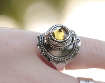 Poison Ring, Locket Ring, Boho Rings, Secret Compartment Ring, 925 Sterling Silver Ring, Citrine Ring, Sun, Gypsy Ring,