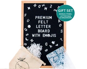Felt Letter Board Set w/ EMOJIs, Black (12x18 inches) INCLUDES: 650+ Characters, Oak Frame, Wall Hanger + FREE Letter Case & Letter Bag