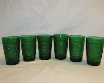 ANCHOR HOCKING JUICE Glasses Forest Green 1950s Set of 6 Sandwich Pattern