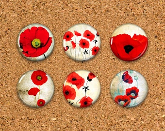 Poppy Thumbtacks, Flower Push Pins, Poppy Magnets, 6 thumbtacks for corkboard, 6 Magnets for Magnetic Whiteboards or fridge 1"